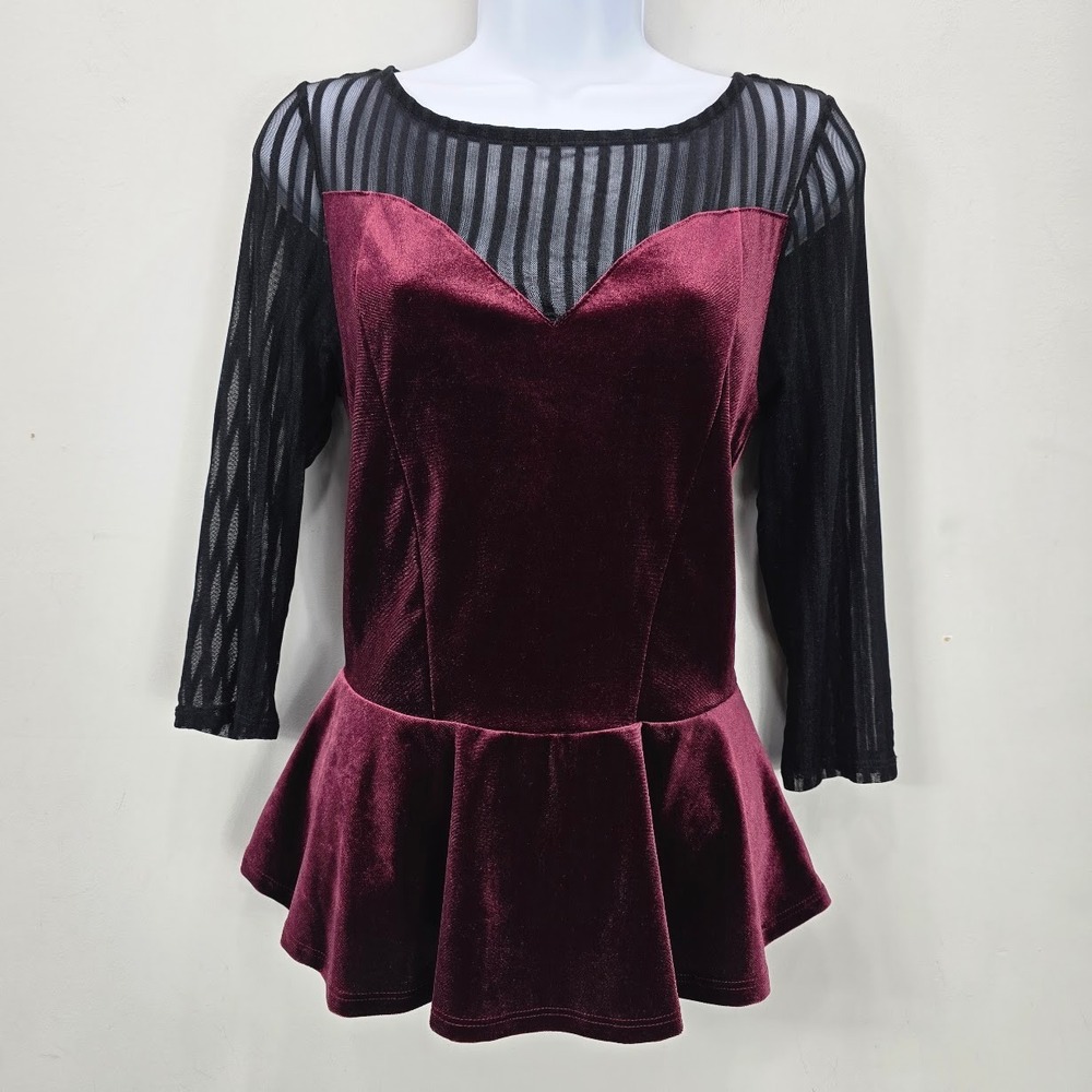 Olive Tree Peplum Velvet Top L Burgundy Whimsigoth Sweetheart Witchy Goth Pin Up